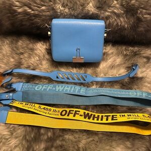 Off-White Blue Leather Crossbody Bag with Yellow Industrial Strap